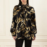 Women Black Baroque Bow-Tie Satin Shirt
